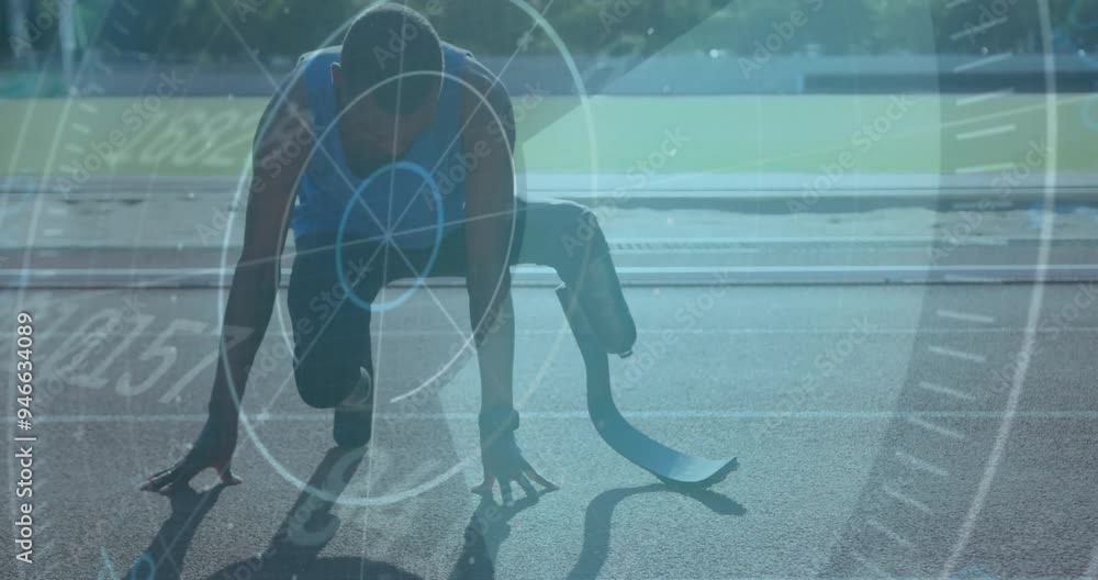 Poster athlete preparing to run with data processing animation over track