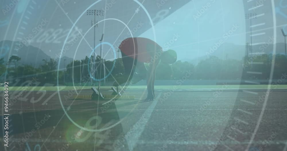 Poster athlete preparing to sprint with speedometer animation over track field