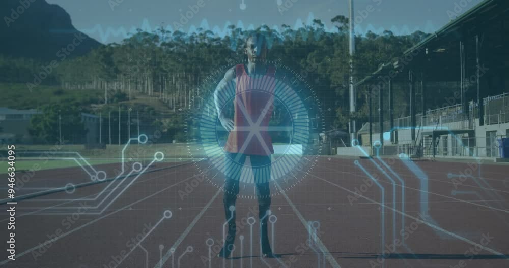Aufkleber digital interface animation over athlete standing on running track