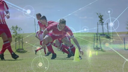 Football players training with cones, network connections animation over field - Powered by Adobe
