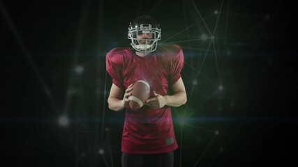 American football player holding ball, network connections animation over dark background - Powered by Adobe