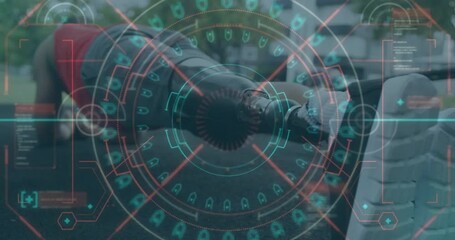 Futuristic HUD animation over person exercising with push-ups outdoors - Powered by Adobe