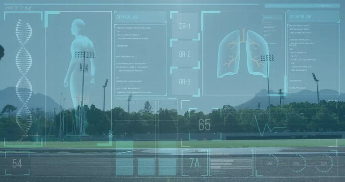Medical data and human body analysis animation over outdoor sports field