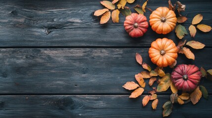 Fototapeta premium Autumn wreath of pumpkins and berries surrounding a soft background, creating a seasonal frame.