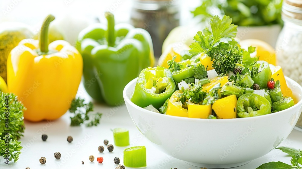 Wall mural a close-up of a bowl containing broccoli and peppers sits on a table surrounded by other vegetables