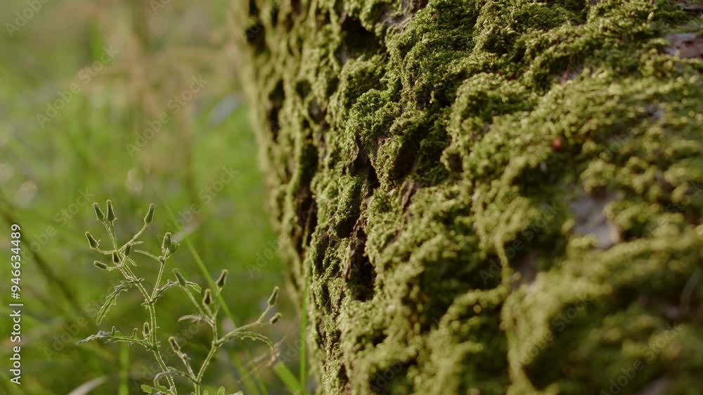 Poster textured tree bark covered with moss in the netherlands. macro, tracking shot