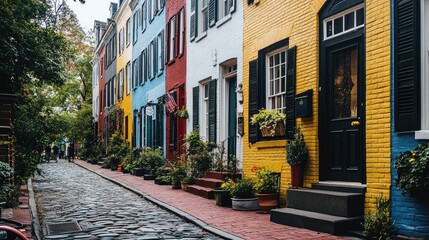 Fototapeta premium A row of charming townhouses with colorful facades, cobblestone street, and decorative planters, situated in a quaint neighborhood