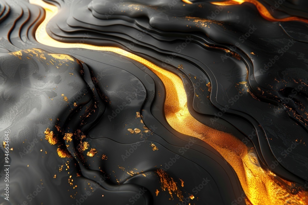 Poster swirling black and gold lines create an intriguing abstract composition with rich textures