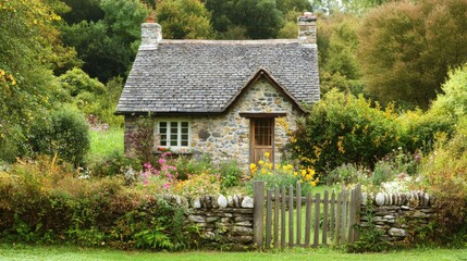 Fototapeta premium Charming countryside cottage with a stone exterior, flowering garden, and rustic wooden fence, nestled in a serene environment