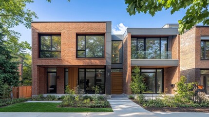 Contemporary townhouse with clean lines, brick and a small front yard, located in a bustling neighborhood