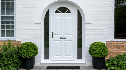 Classic white PVC door with arched glass panels and elegant detailing clean and timeless design traditional charm with modern durability 