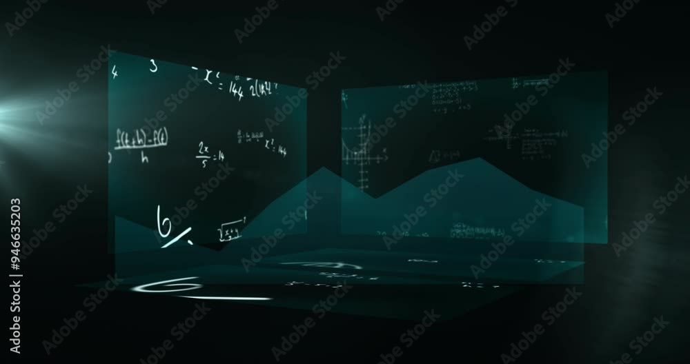 Aufkleber mathematical equations and formulas animation over dark geometric background