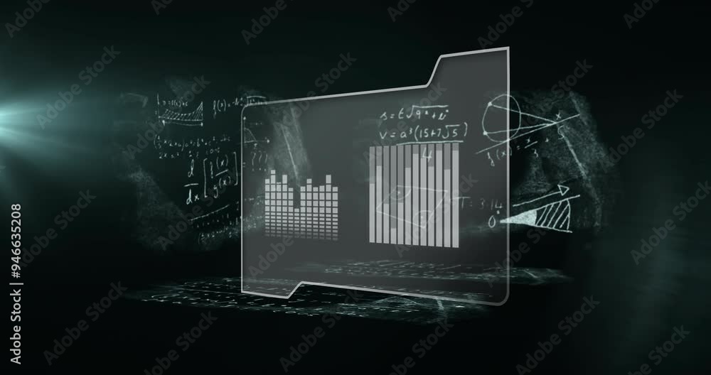 Poster mathematical equations and graphs animation over digital folder icon