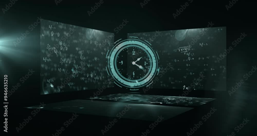 Poster clock and mathematical formulas animation over dark background