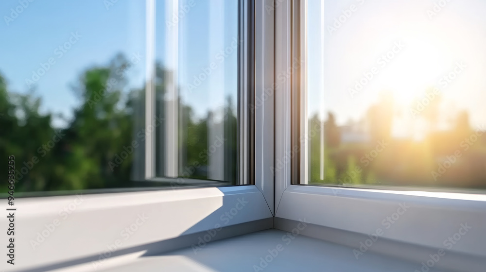 Sticker Close-up of a modern white PVC window frame with sunlight streaming through clear glass sleek and energy-efficient design ideal for contemporary homes 