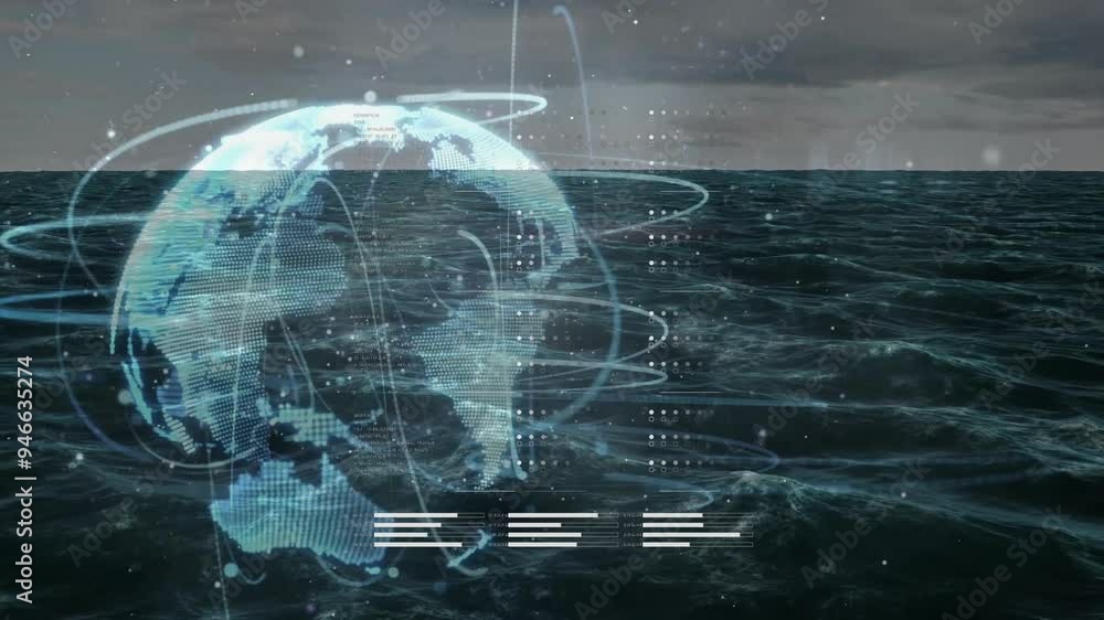 Poster digital globe with data processing animation over ocean waves