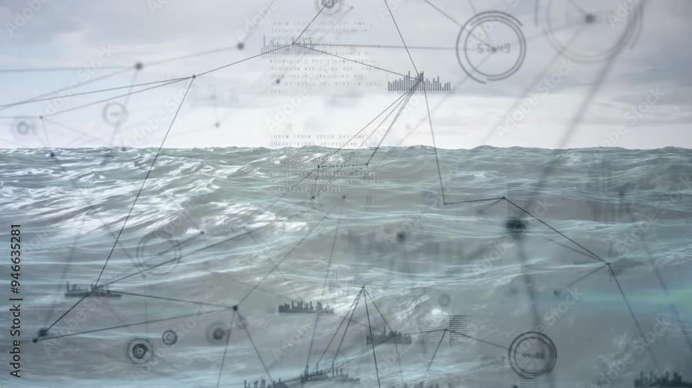 Poster data processing and network connections animation over ocean waves