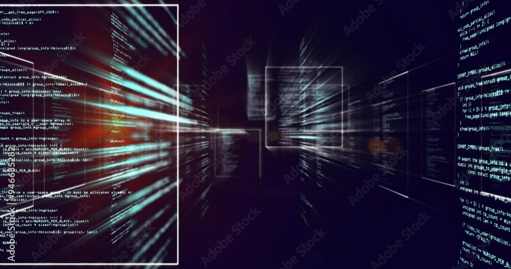 Poster digital code and data processing animation over glowing red light
