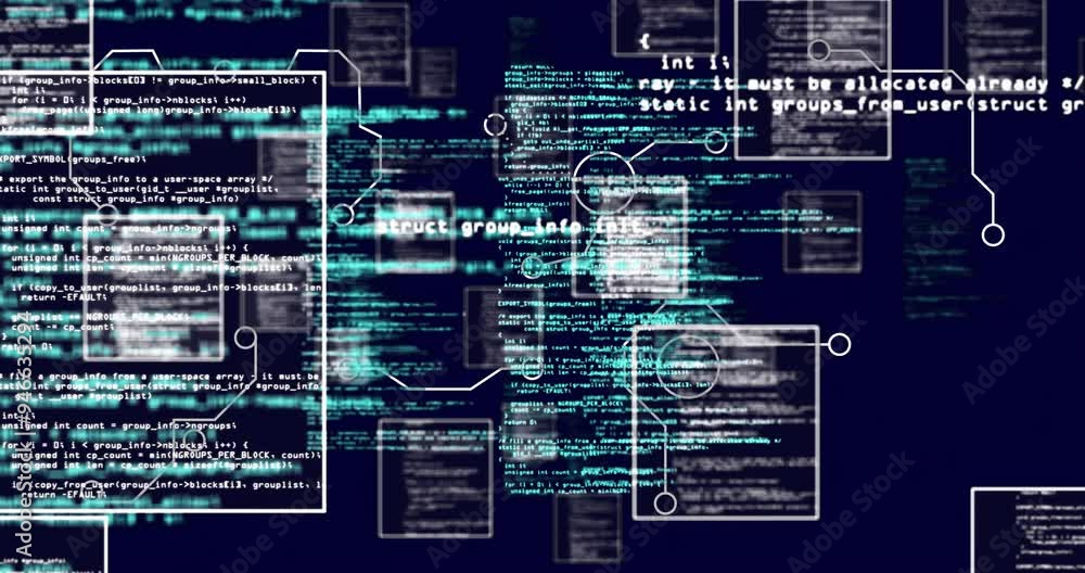 Aufkleber programming code and data flow animation over dark background with interconnected nodes