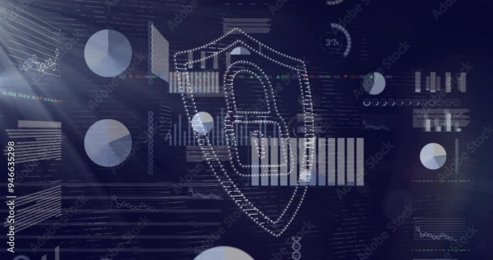 Aufkleber lock and shield icon animation over data charts and graphs on dark background