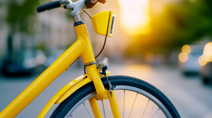 Close-up of a bright yellow rental bike with a QR code scanner on the handlebars urban setting blurred city street background digital bike-sharing concept 