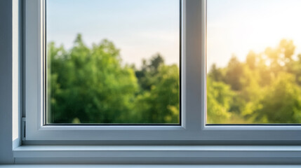 Close-up of a modern white PVC window frame with sunlight streaming through clear glass sleek and energy-efficient design ideal for contemporary homes 