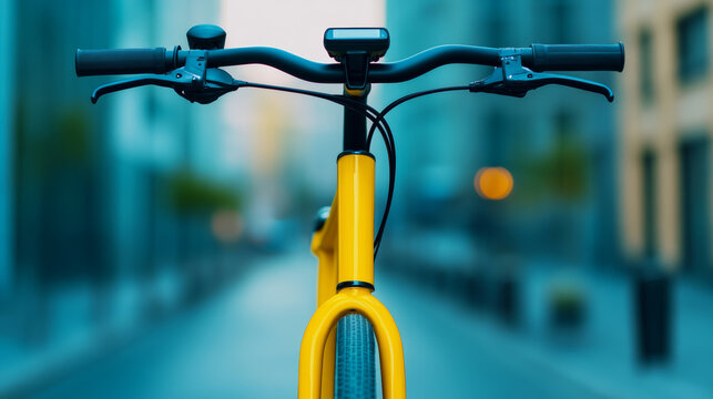 Close-up of a bright yellow rental bike with a QR code scanner on the handlebars urban setting blurred city street background digital bike-sharing concept - Powered by Adobe