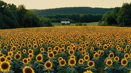   A vast field of sunflowers in close proximity to a modest house and a barn in the background