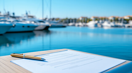 Close-up of boat rental paperwork with a picturesque marina view in the background pens and documents ready for signing secure and easy boat rentals 