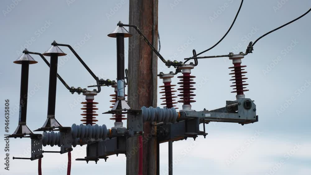 Aufkleber a detailed view of power line infrastructure, focusing on the insulators and conductors attached to 