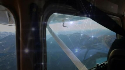 Pilot flying small aircraft with network connections animation over cockpit view - Powered by Adobe