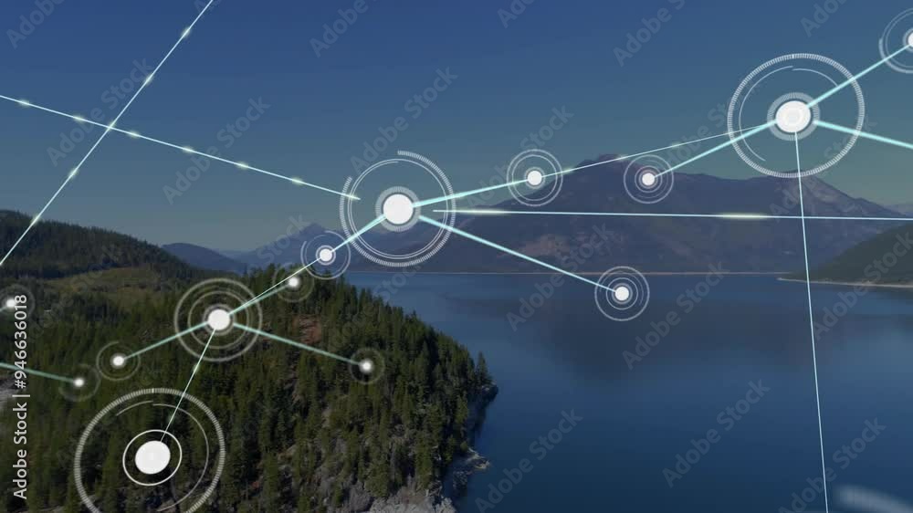 Poster network of connections and data processing animation over mountainous landscape with lake