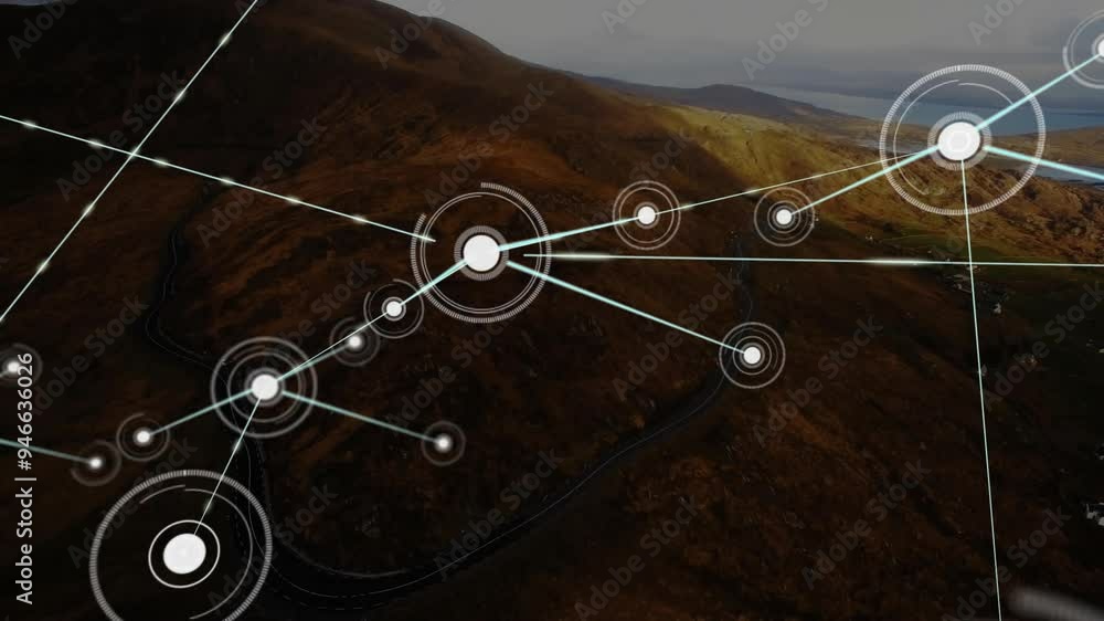 Poster network of connections and data processing animation over mountainous landscape