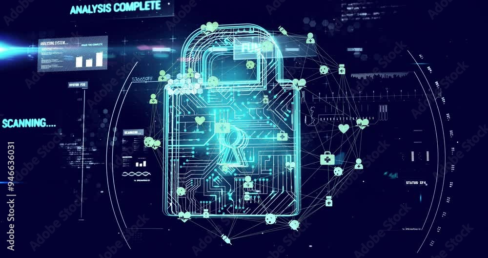 Poster digital lock and network security animation over abstract technological background