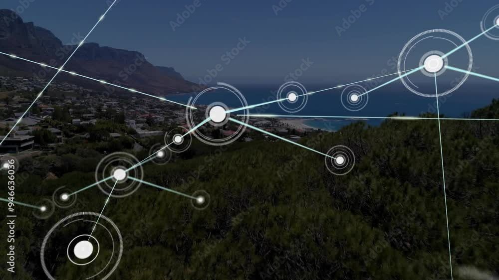 Poster network of connections and data processing animation over coastal landscape