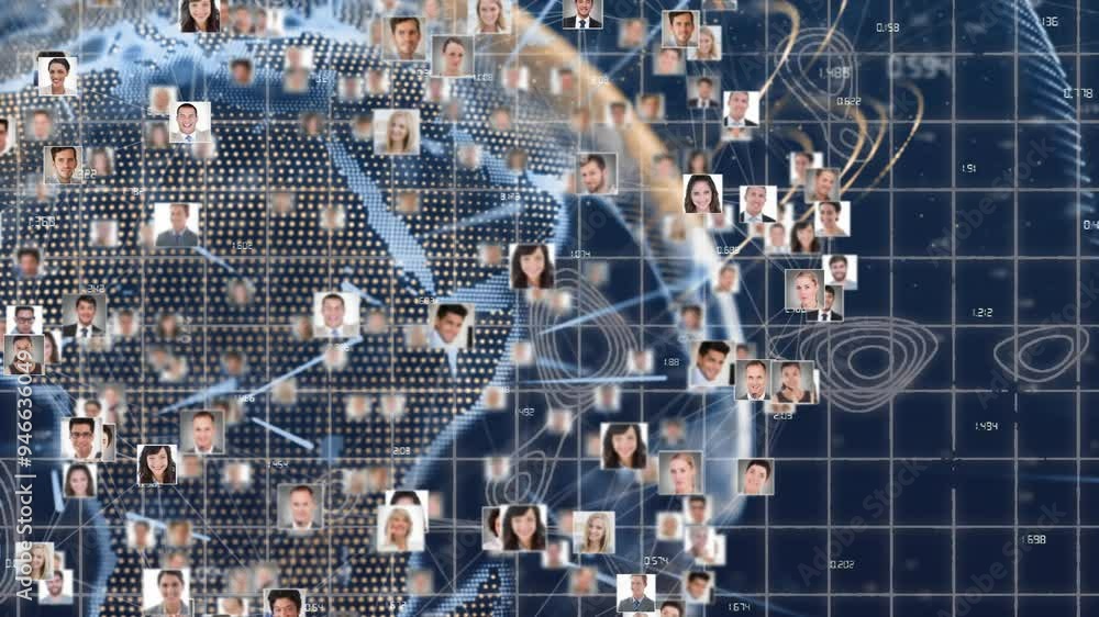 Poster global network of connections and data processing animation over diverse people's portraits