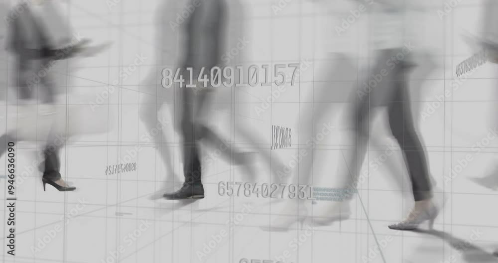 Poster people walking in busy area with numbers and data processing animation over them