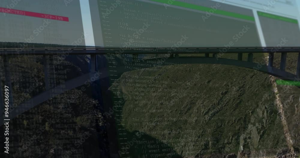 Poster computer code animation over aerial view of bridge and landscape