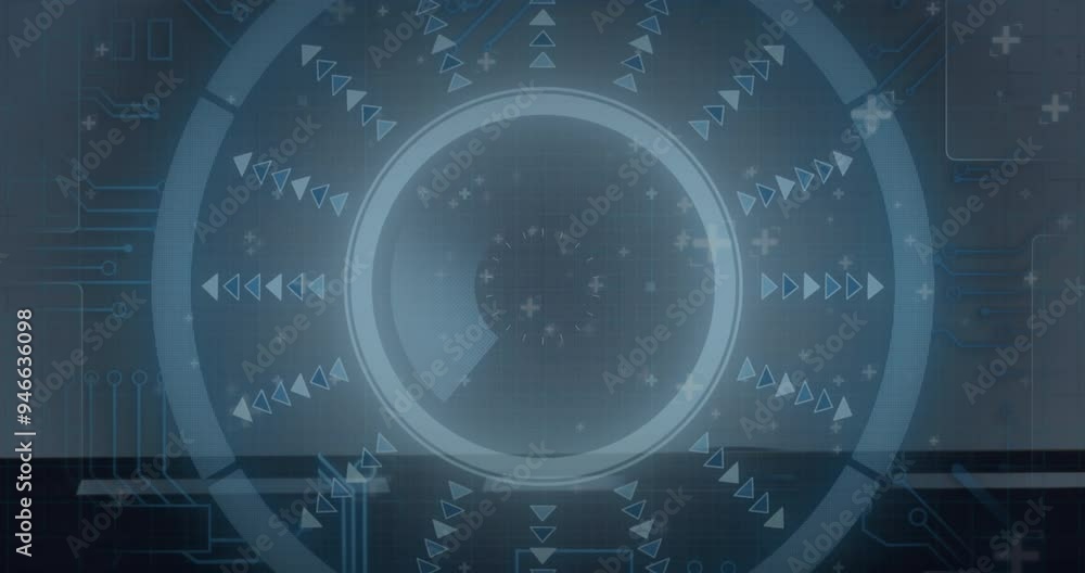 Poster rotating circular interface with arrows and symbols, futuristic technology animation