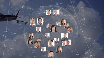Global network of connections animation over diverse business professionals and airplane - Powered by Adobe