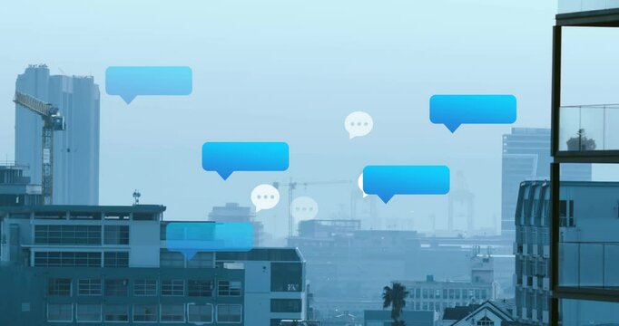 Speech bubbles animation over cityscape with cranes and buildings