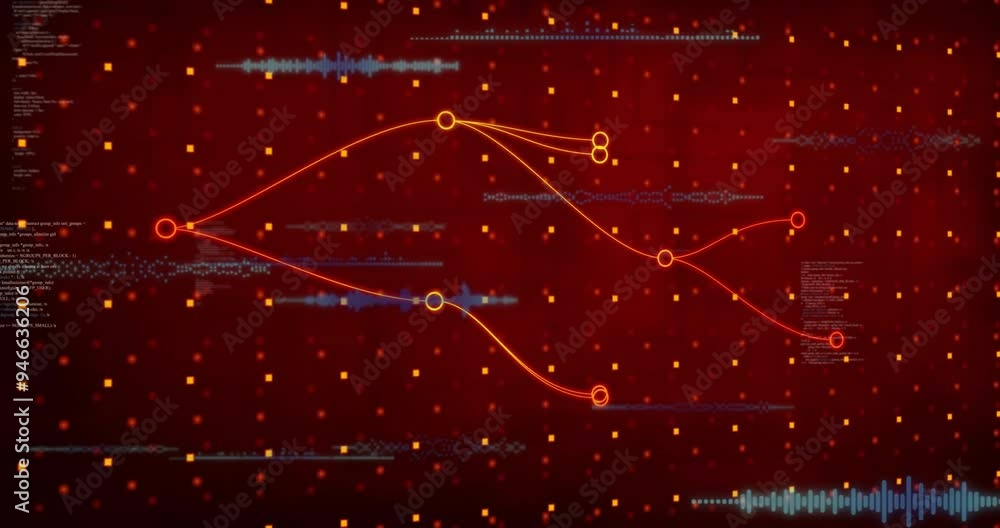 Poster data processing and network connections animation over red digital background
