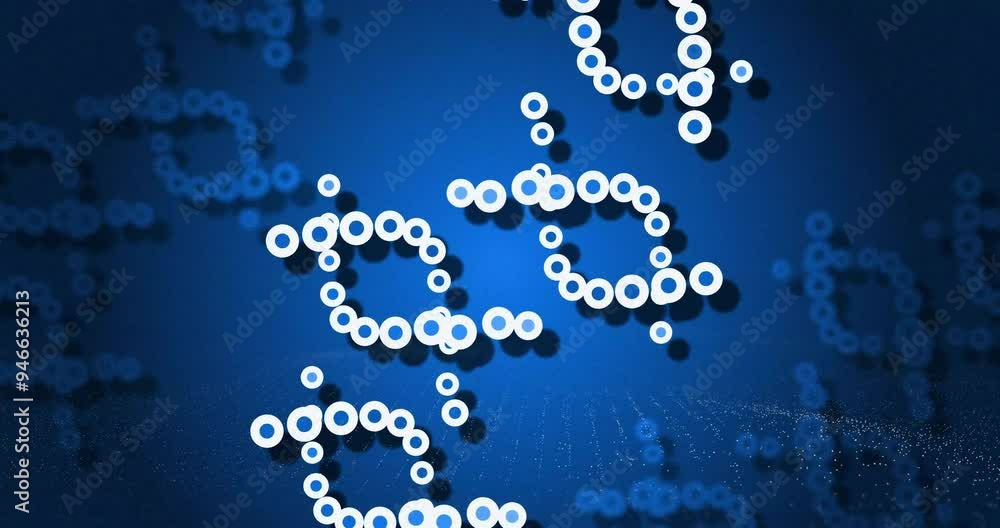 Poster molecular structure animation over blue background with circular patterns