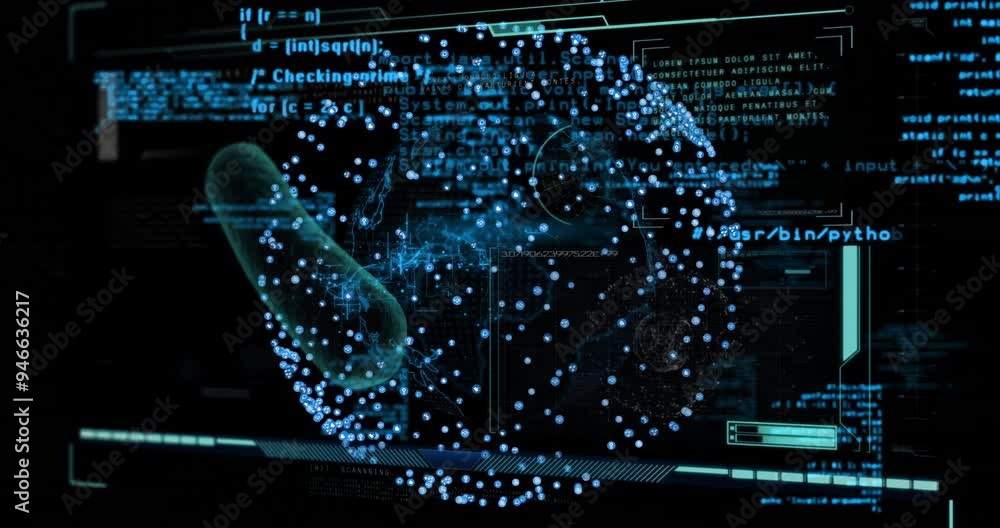 Poster digital data and molecular structure animation over programming code and interface