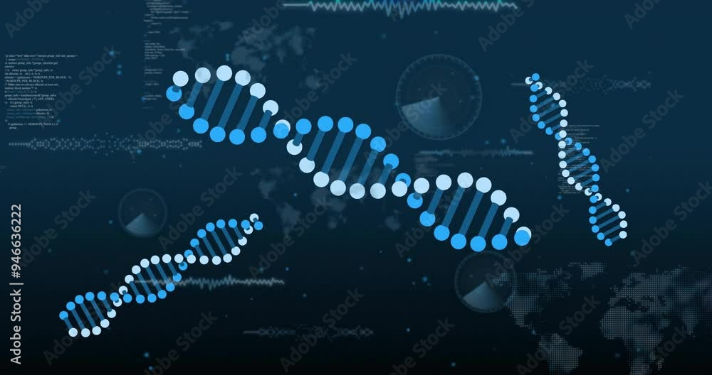 Poster dna strands and data processing animation over world map background
