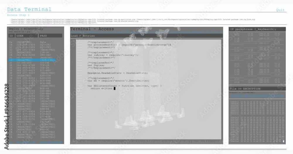 Poster code entries and data terminal access animation over technical interface