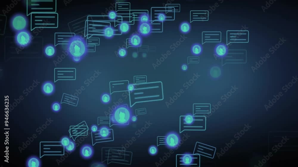 Poster chat bubbles and user icons animation over dark blue background