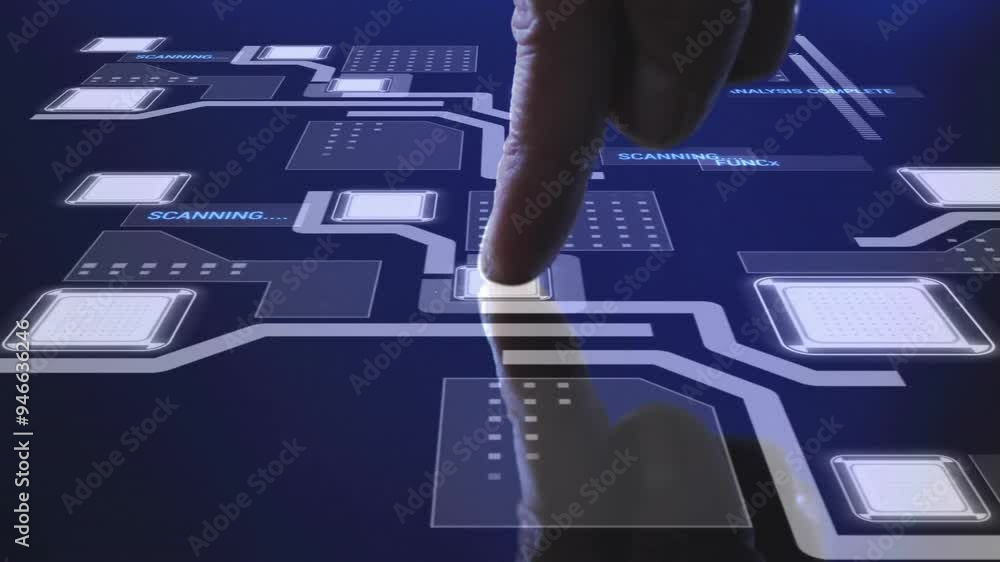 Aufkleber touching digital interface, scanning and analysis animation over futuristic screen