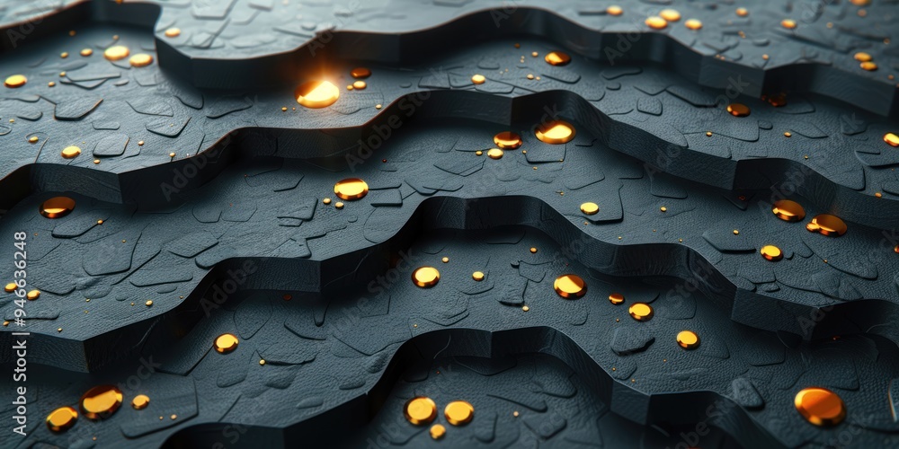 Poster the artwork features layered black textures adorned with shimmering gold droplets, creating depth
