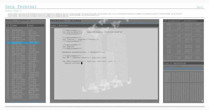 Code entries and data terminal access animation over technical interface